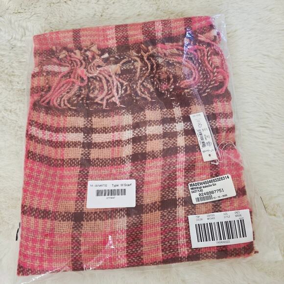NEW Madewell Gauzy Plaid Scarf Azalea Pink Oversized Fringe Acrylic Wool Blend - Picture 6 of 8
